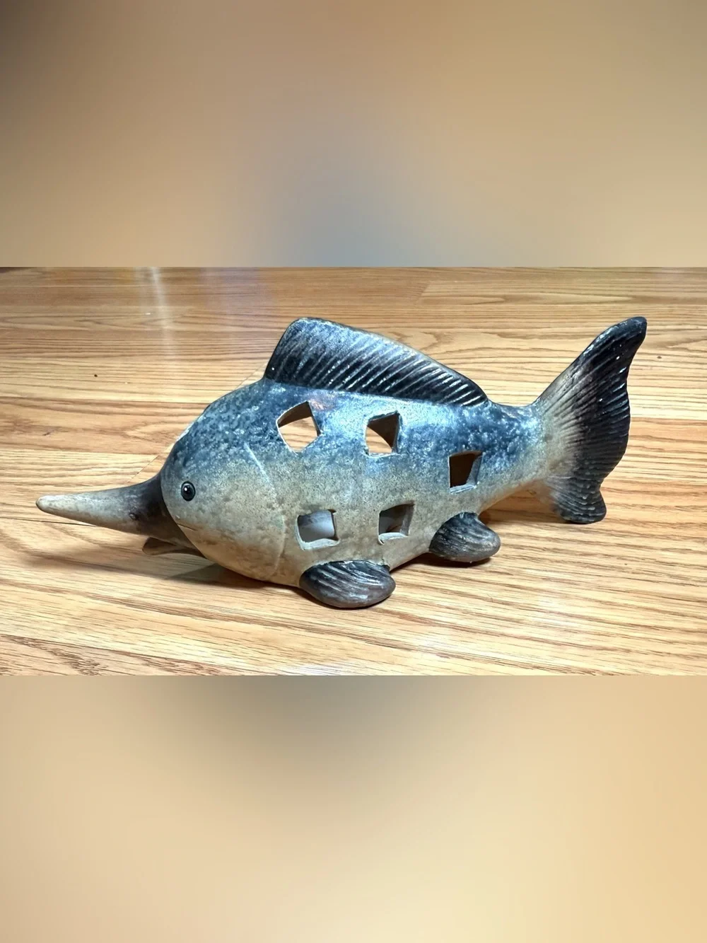 2 Vintage ceramic fish tea light candle holder luminaries Blue and Tan